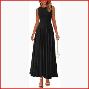 Sleeveless Crewneck A-Line Maxi Dress, Stretch Tank, Flowy Long